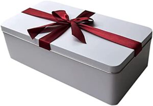 Stollendose Rote Schleife - wunderschöne weiße Dose mit echter Schleife aus Stoff - lebensmittelecht - Aufbewahrungsdose, Keksdose, Blechdose - Maße: (L x B x H): 26,0 x 13,5 x 7,0cm