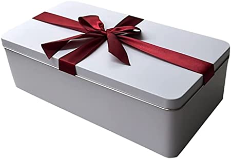 Stollendose Rote Schleife - wunderschöne weiße Dose mit echter Schleife aus Stoff - lebensmittelecht - Aufbewahrungsdose, Keksdose, Blechdose - Maße: (L x B x H): 26,0 x 13,5 x 7,0cm