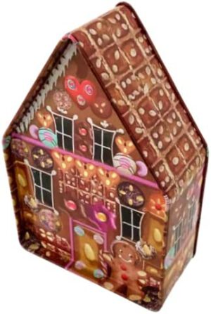 Lebkuchenhaus Christmas - weihnachtlich bedruckte Dose mit Spitzdach und Lebkuchenmotiven - lebensmittelecht - Aufbewahrungsdose, Keksdose, Blechdose - Maße: (L x Bx H): 18,0 x 12,0 x 5,8cm