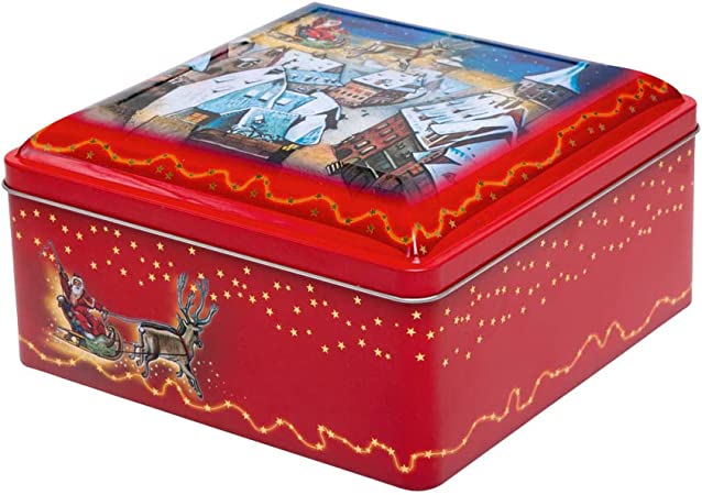 Weihnachtsdose Nikolaus - wunderschöne rote Keksdose mit Nikolaus auf einem Schlitten - lebensmittelecht - Vorratsdose, Keksdose, Blechdose - Maße: (L x B x H): 20,0 x 20,0 x 11,0cm, Volumen 4,4L