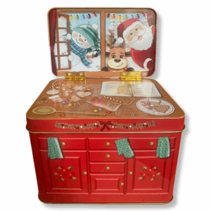 Weihnachtsdose: Buffet Weihnachsbesuch - die aufklappbare Rückwand gibt der Dose eine sehr dekorative und zusätzliche Dimension