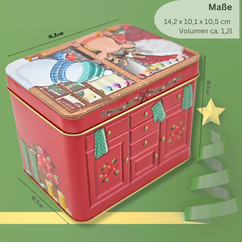 Weihnachtsdose: Buffet Weihnachsbesuch – die aufklappbare Rückwand gibt der Dose eine sehr dekorative und zusätzliche Dimension