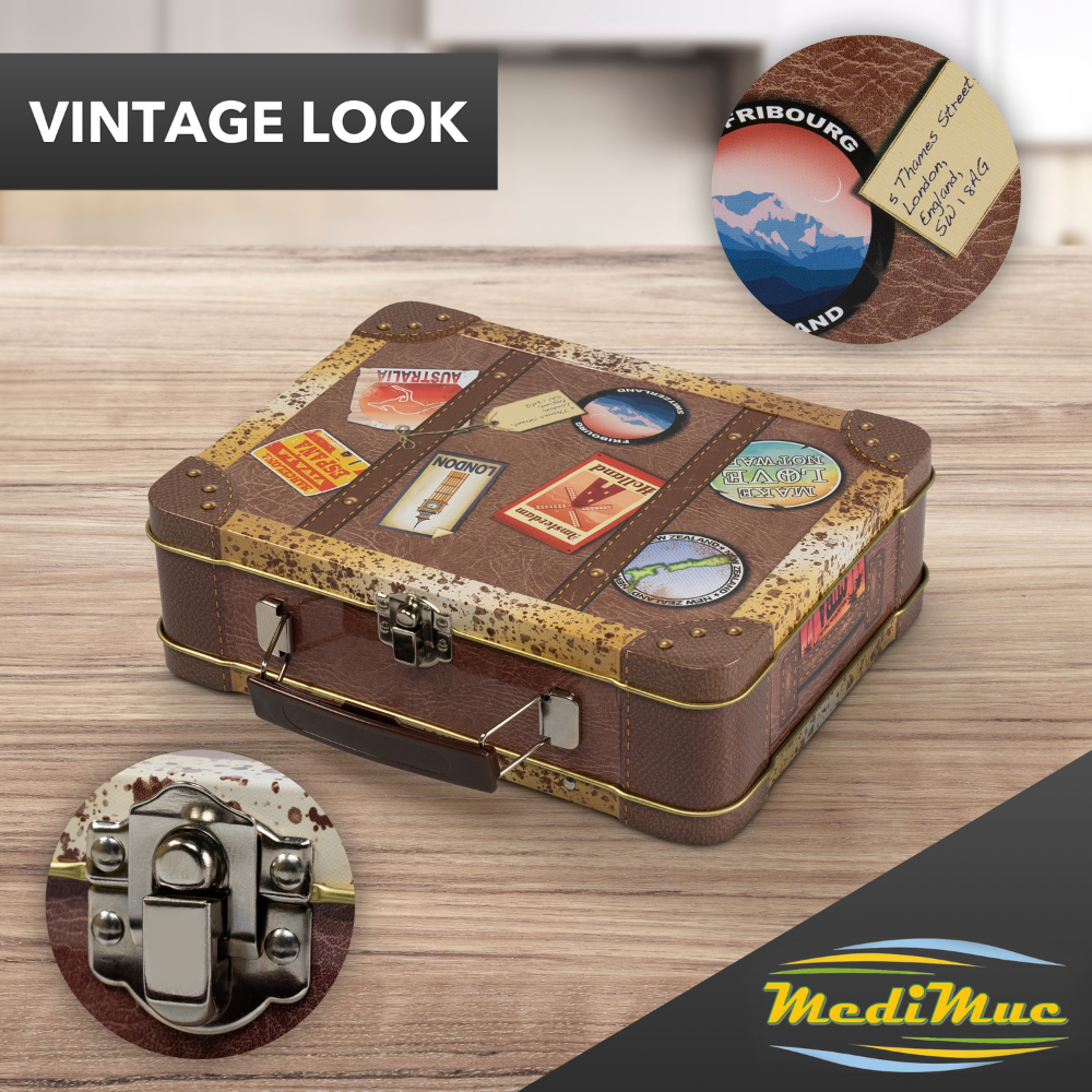 Reisekoffer Vintage – Keksdose mit bunten Stickern, Griff und Schnappschloss