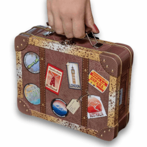 Reisekoffer Vintage - Keksdose mit bunten Stickern, Griff und Schnappschloss