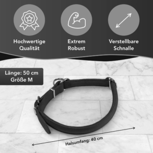 Rund & Weich Zugstopp Hundehalsband Lederhalsband mit Zugbegrenzung und verstellbarer Schnalle - schwarz, M - 50cm