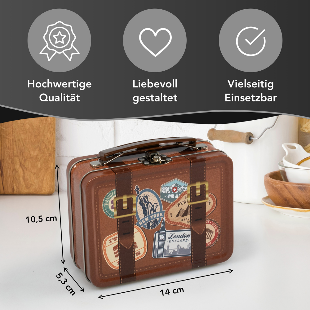 Reisekoffer Traveller – Mini Scharnierdeckeldose mit beweglichem Henkel und Stickern