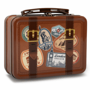 Reisekoffer Traveller - Mini Scharnierdeckeldose mit beweglichem Henkel und Stickern