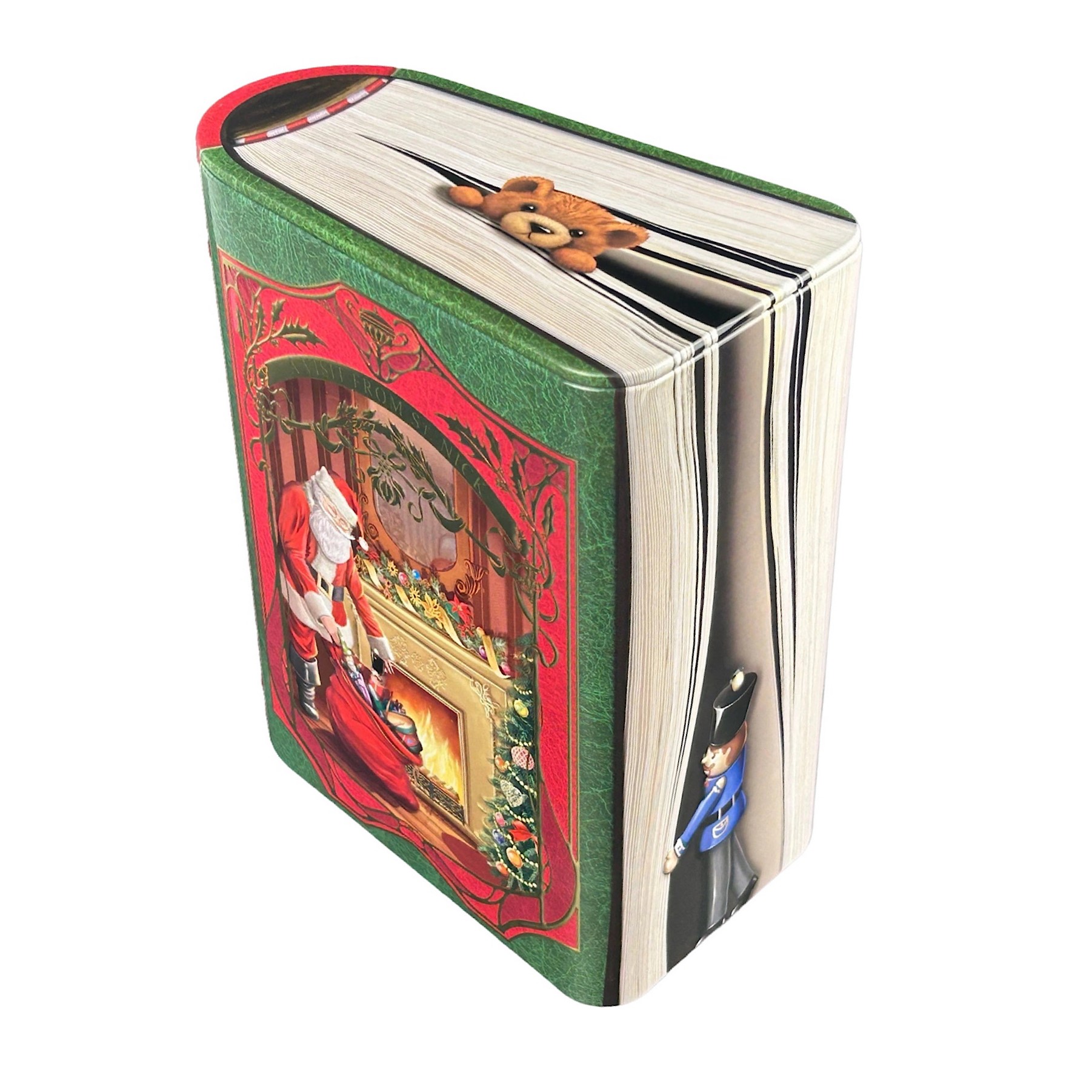 Weihnachtsdose: Kleine Buchdose St. Nick rot/blau – nostalgische Dose aufwändig geprägt und bedruckt