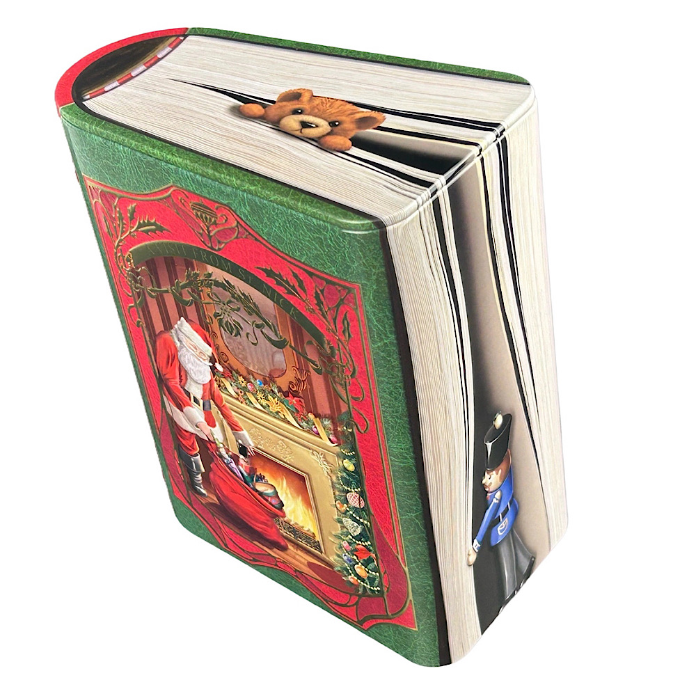 Weihnachtsdose: Kleine Buchdose St. Nick rot/blau - nostalgische Dose aufwändig geprägt und bedruckt – Bild 3