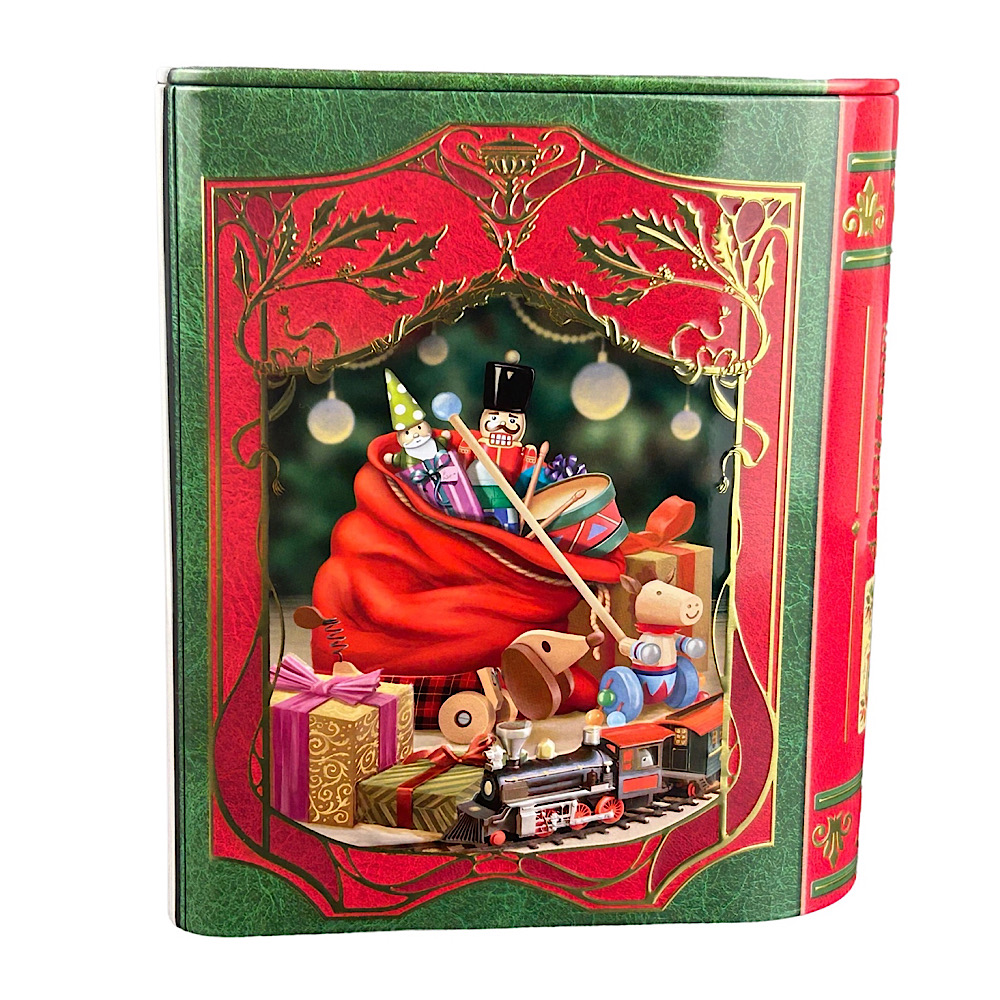 Weihnachtsdose: Kleine Buchdose St. Nick rot/blau - nostalgische Dose aufwändig geprägt und bedruckt – Bild 7
