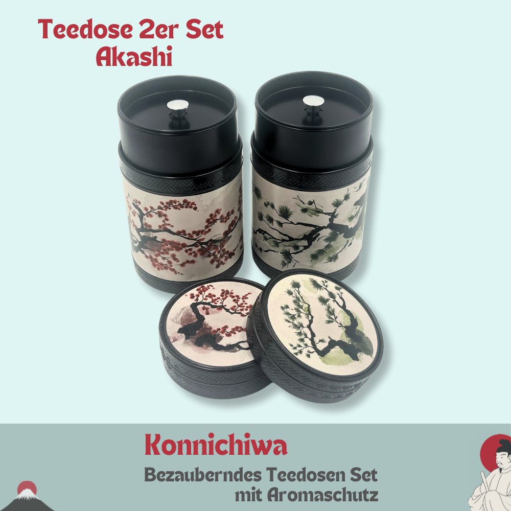 Teedose: Dose Akashi 125g – 2er Set – mit fernöstlichen Motiven aufwendig lackiert, Drehverschluss