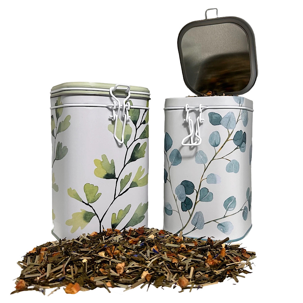 Teedose Trees je 250g – 2er Set – mit bunten Motiven aufwendig lackiert, Bügelverschlußdeckel – Kaffeedose