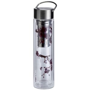 Glastrinkflasche Cherry Blossom - FLOWTEA - Materialmix aus Veganleder, Glas und Metall -Volumen 400ml - mit Sieb