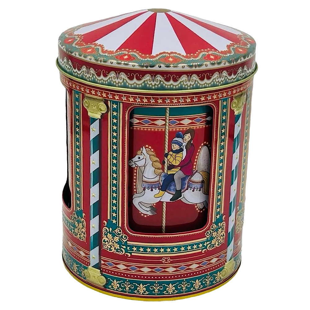 Spieluhrdose – Winter Karussell Spieluhrdose – Gebäckdose, Aufbewahrungsdose, Keksdose, Blechdose – lebensmittelecht – Vol. 0,75l