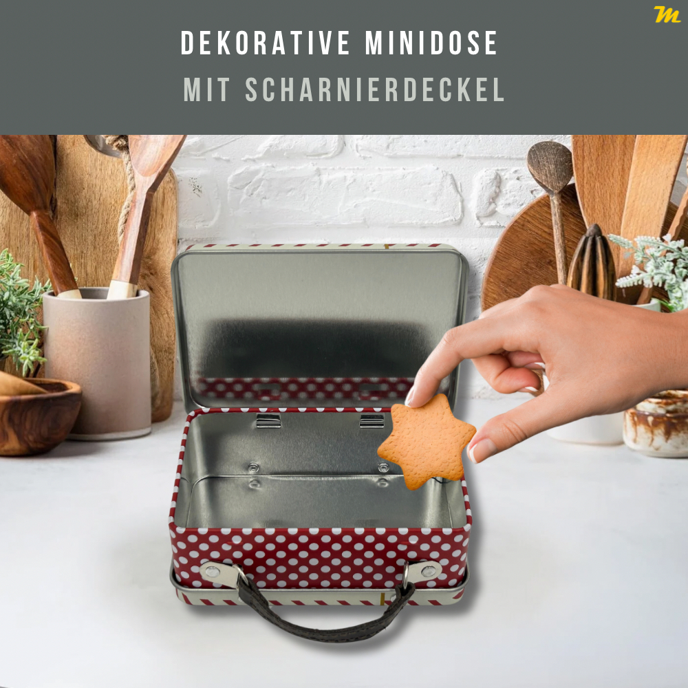 Geschenkdose: Reisekoffer Postillon – Mini Scharnierdeckeldose mit beweglichem Henkel