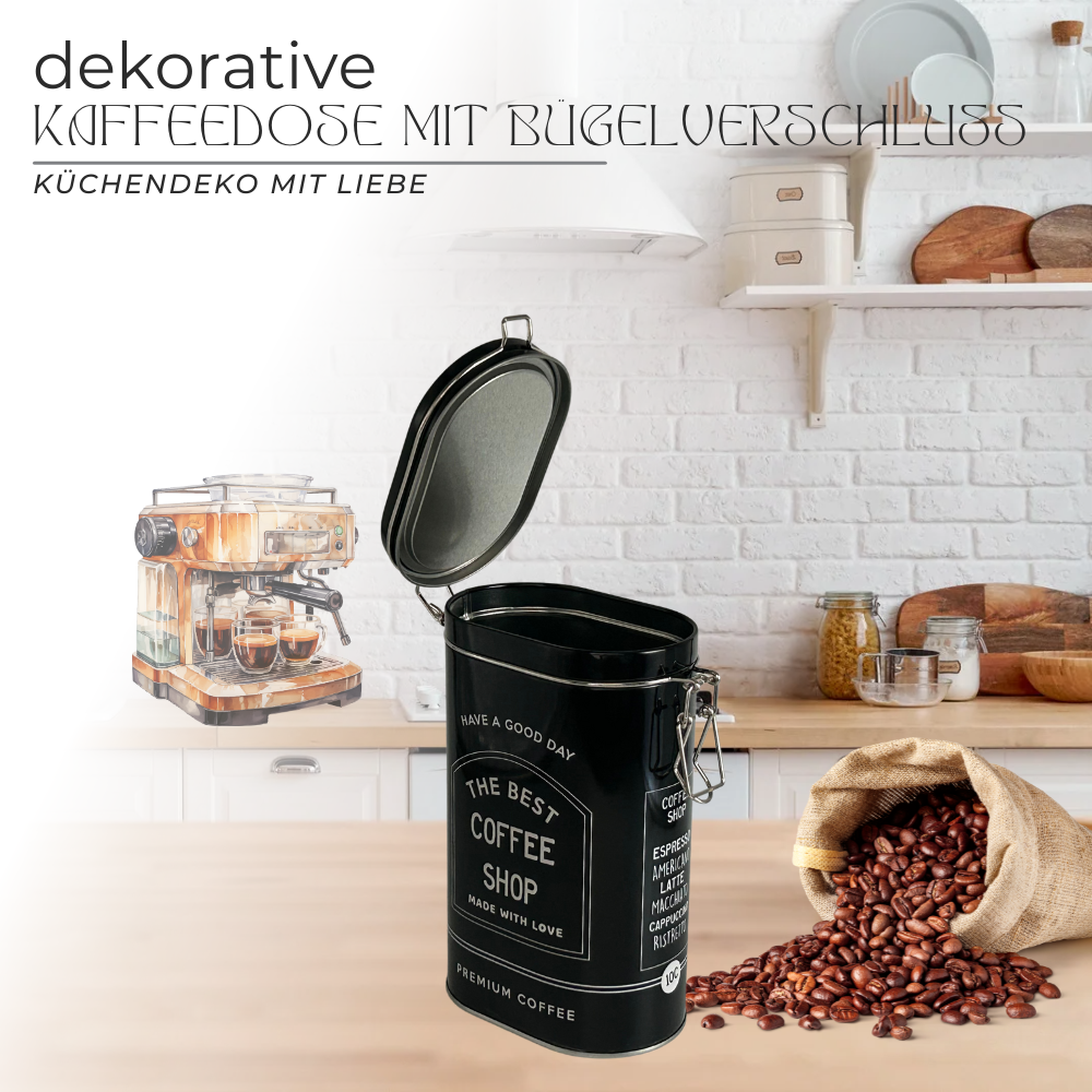 Vorratsdose Kaffeedose Teedose oval lackiert schwarz mit weisser Schrift mit Bügelverschluss – Bild 2