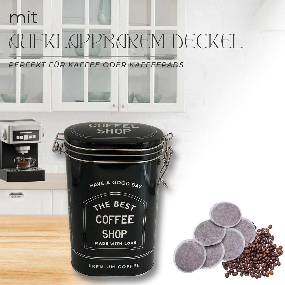 Vorratsdose Kaffeedose Teedose oval lackiert schwarz mit weisser Schrift mit Bügelverschluss – Bild 3