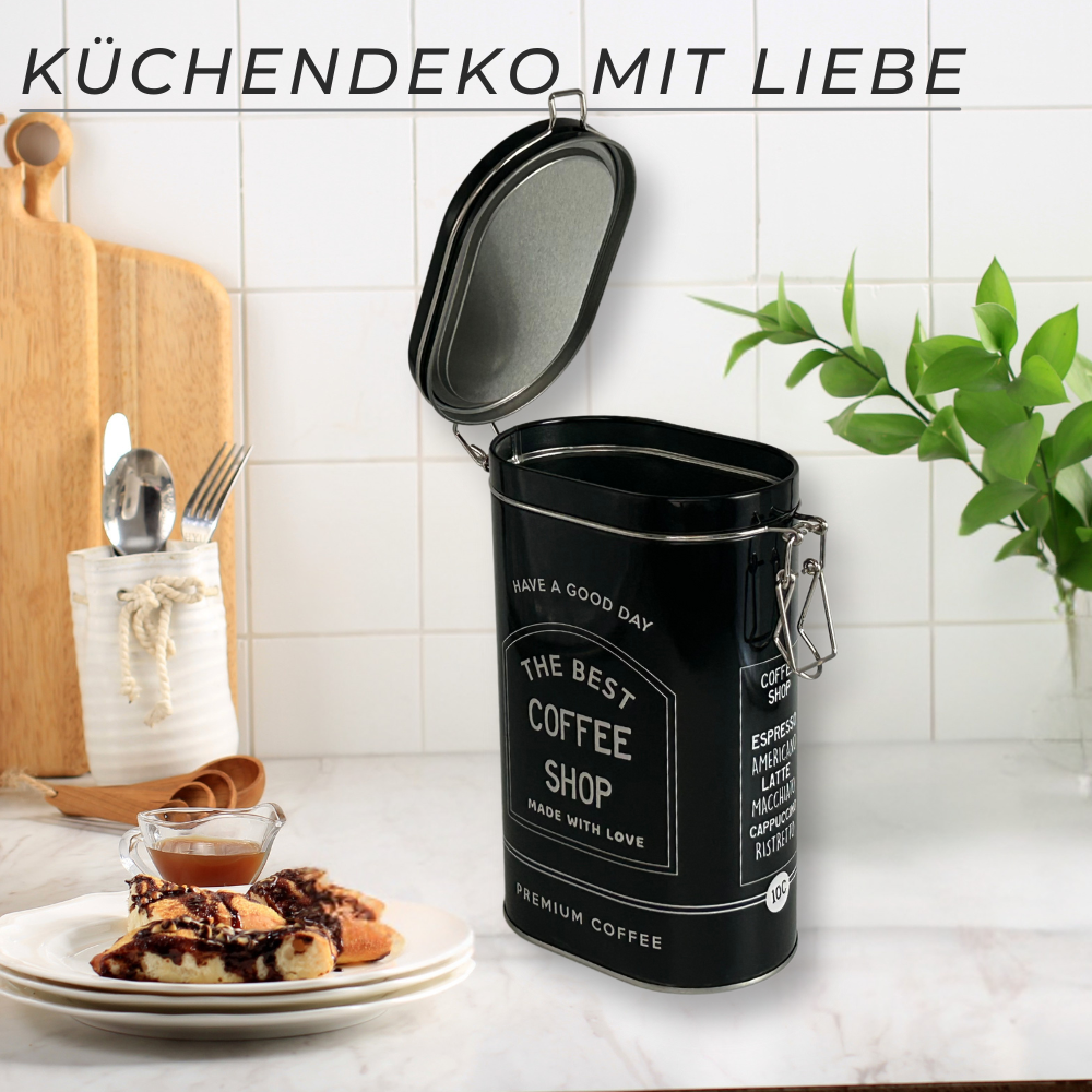 Vorratsdose Kaffeedose Teedose oval lackiert schwarz mit weisser Schrift mit Bügelverschluss – Bild 4