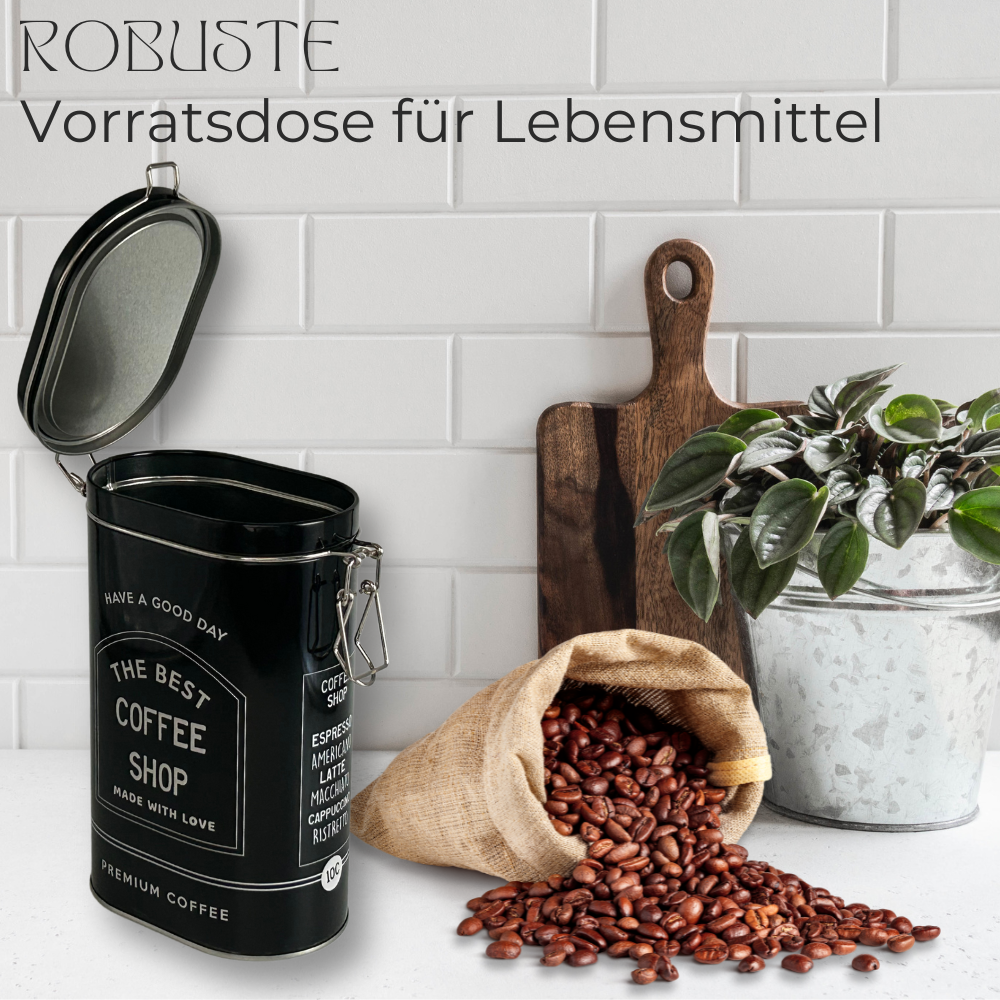 Vorratsdose Kaffeedose Teedose oval lackiert schwarz mit weisser Schrift mit Bügelverschluss – Bild 7