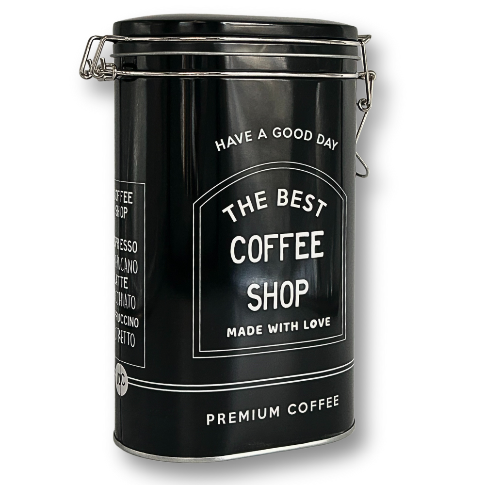 Vorratsdose Kaffeedose Teedose oval lackiert schwarz mit weisser Schrift mit Bügelverschluss