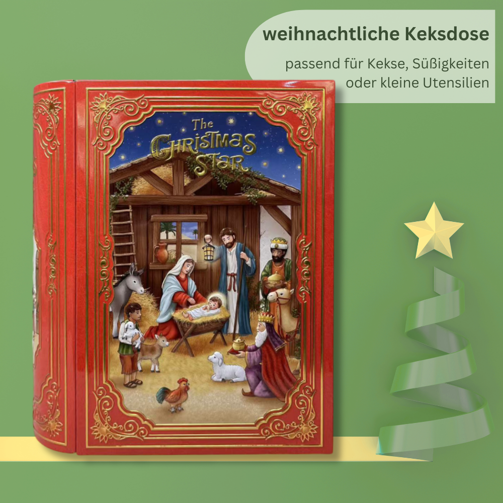 Große Buch Dose Weihnachtsstern – Aufbewahrungsdose, Weihnachtsdose – aufwändig geprägt und bedruckt