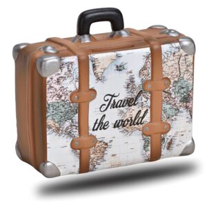 Spardose Landkarte Koffer aus Keramik, Rechteckige Sparbüchse abschliessbar mit Schlüssel, Motiv auf Vorder- und Rückseite