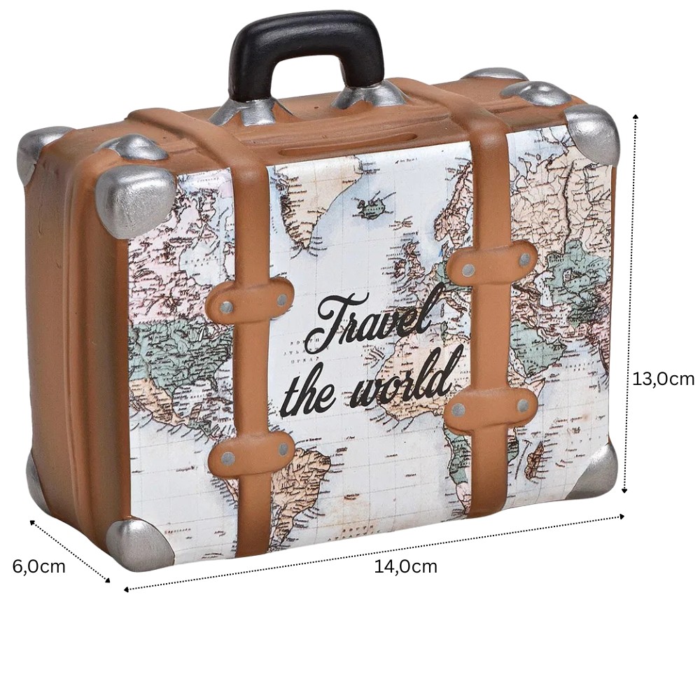 Spardose Landkarte Koffer aus Keramik, Rechteckige Sparbüchse abschliessbar mit Schlüssel, Motiv auf Vorder- und Rückseite