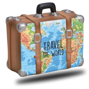 Spardose Weltreise Koffer aus Keramik, Rechteckige Sparbüchse abschliessbar mit Schlüssel, Motive auf Vorder- und Rückseite