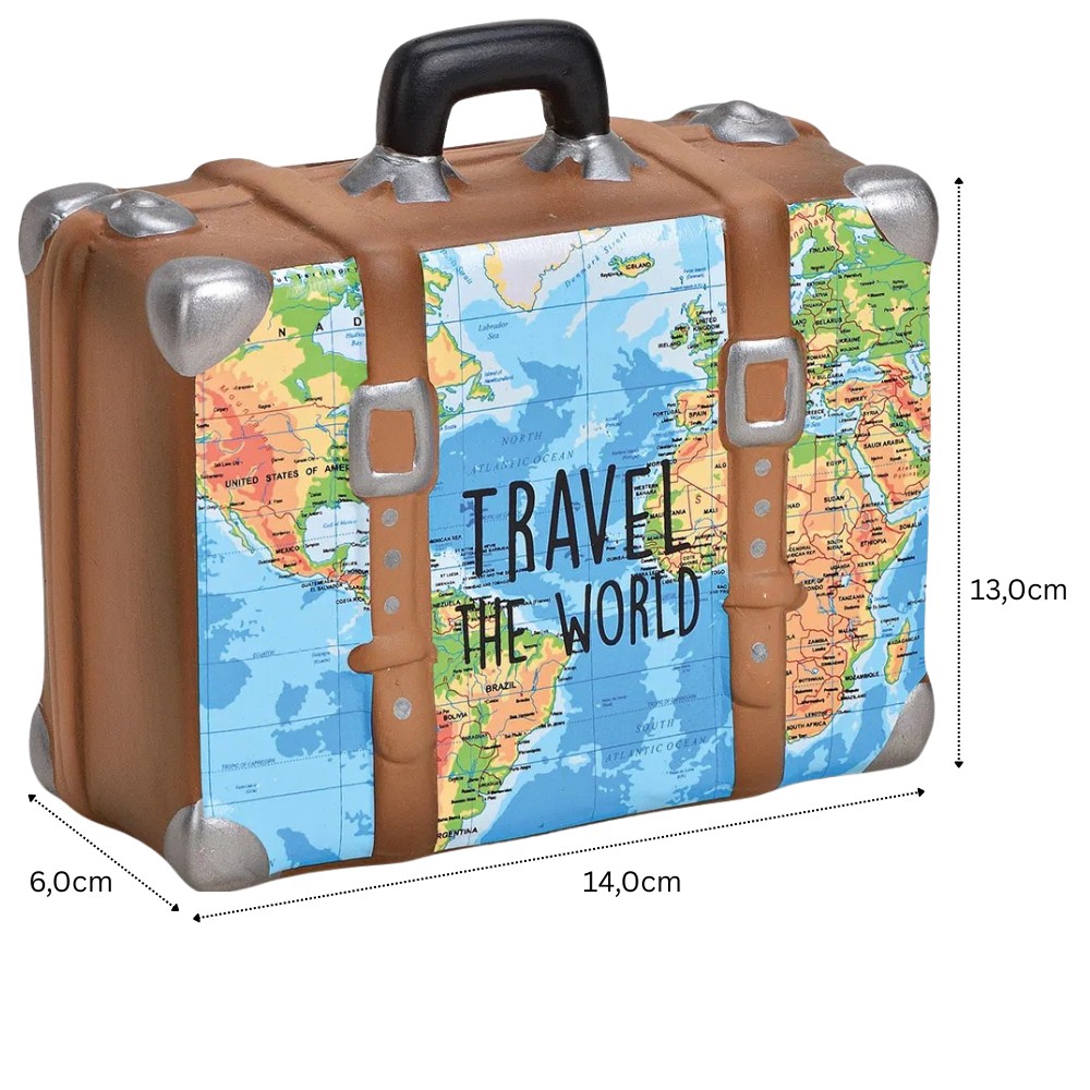 Spardose Weltreise Koffer aus Keramik, Rechteckige Sparbüchse abschliessbar mit Schlüssel, Motive auf Vorder- und Rückseite