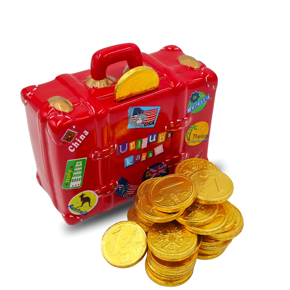 Spardose Urlaubskasse Koffer aus Keramik, Rechteckige Sparbüchse abschliessbar mit Schlüssel, Motive auf Vorder- und Rückseite – Bild 2