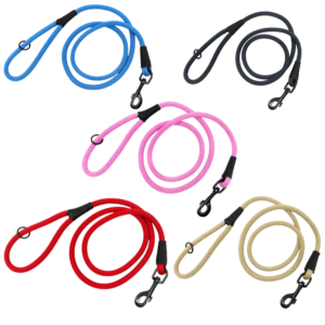 Soft Cord Hundeleine schwarzer Karabinerverschluss und Beschläge aus Metall, Länge 150cm Ø 10mm, Nylon Leine, robust, wetterfest, Endkappen schwarzes Leder