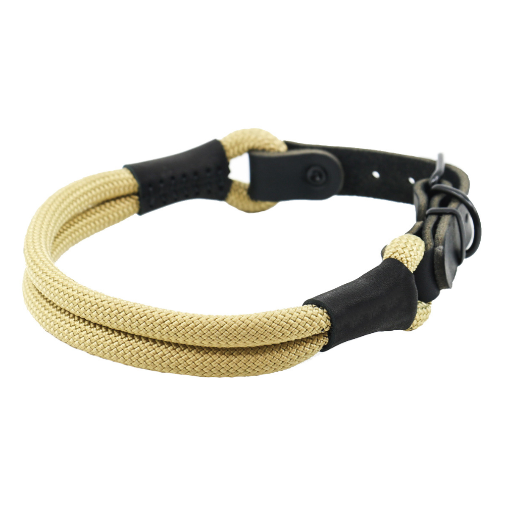 Soft Cord Double Hundehalsband Schwarze Schnalle und Beschläge aus Metall, Ø 10mm, doppelte Nylon Rundhalsung, einstellbar, robust, wetterfest, Endkappen schwarzes Leder